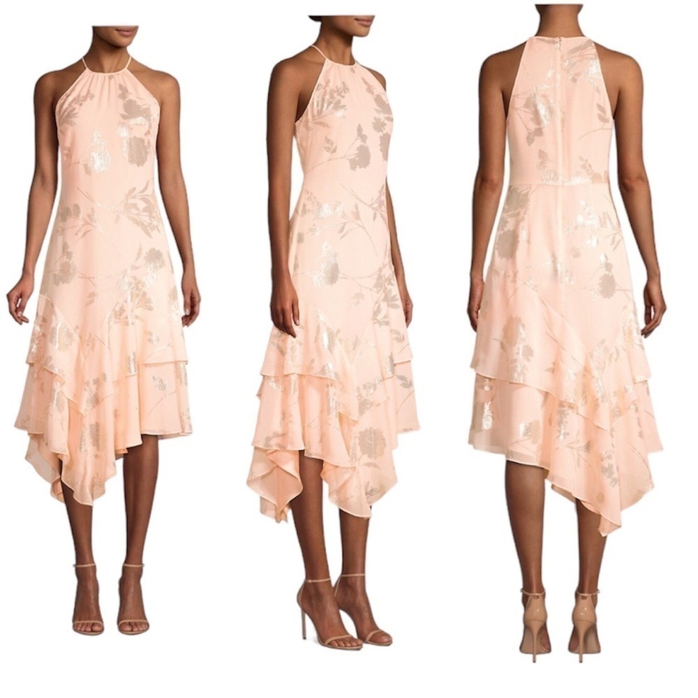 Parker Pale Blush Metallic Floral Halter Midi Dress